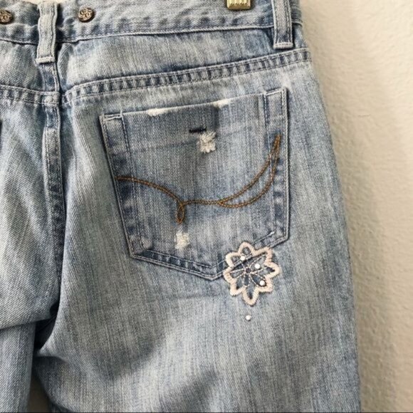 Cest Toi Embroidered Distressed Wide Leg Flare Jeans Jr Size 3 Blue Denim Boho - Picture 6 of 11